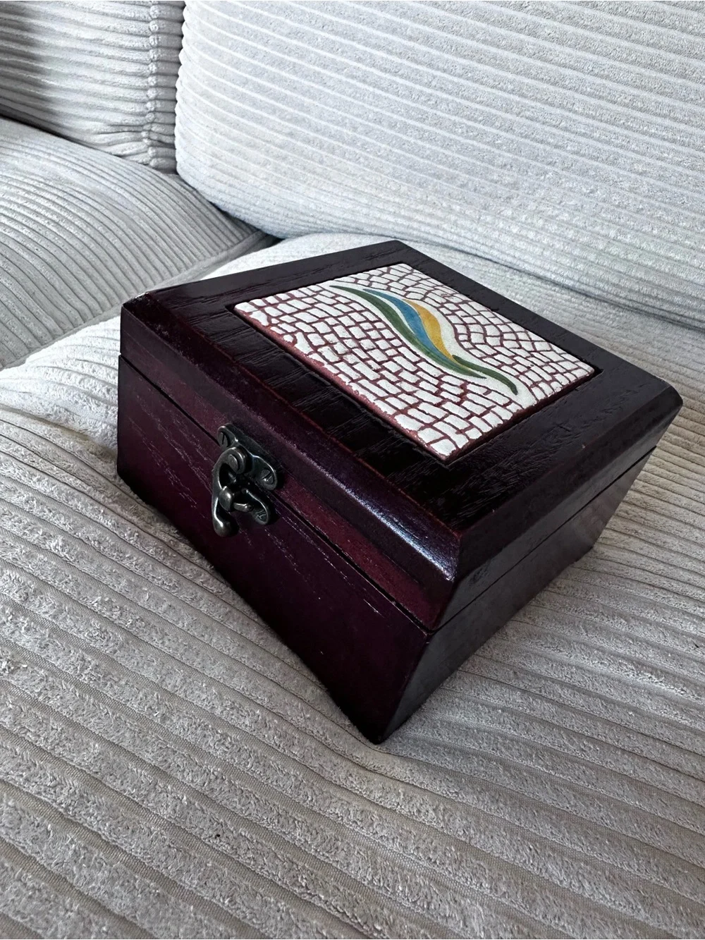 Handcrafted Dark Wood Jewelry Box with Decorative Tile